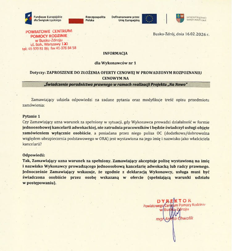 INFORMACJA dla Wykonawc&oacute;w nr 1