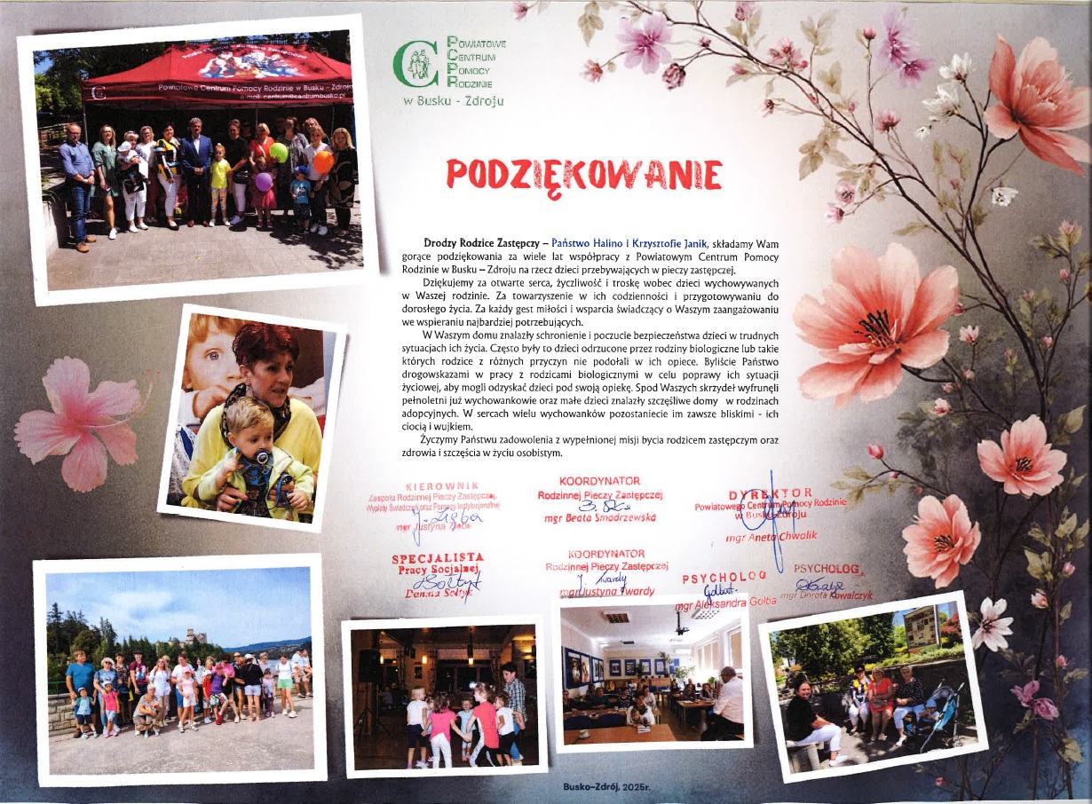 Podziękowanie za dotychczasową wsp&oacute;łpracę - zawodowej rodzinie zastępczej Państwu Halinie i&nbsp;Krzysztofowi Janik