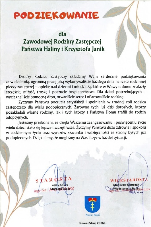 Podziękowanie dla Zawodowej Rodziny Zastępczej Państwa Haliny i&nbsp;Krzysztofa Janik
